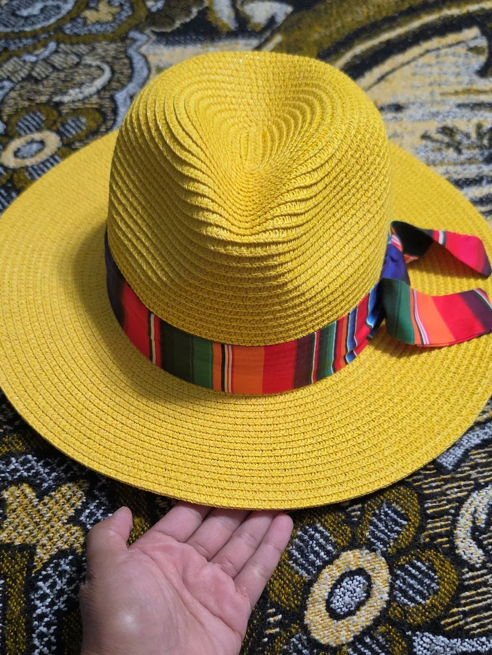 Yellow Straw Sun Hat with Multicolor Ribbon